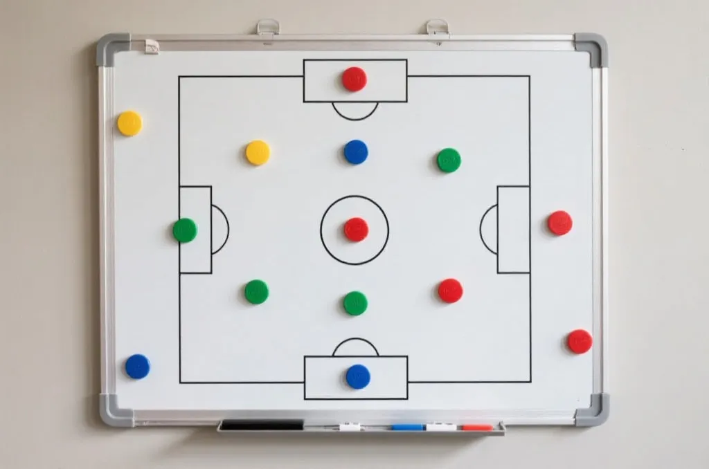 A tactical soccer whiteboard with magnetic pieces showing a defensive formation