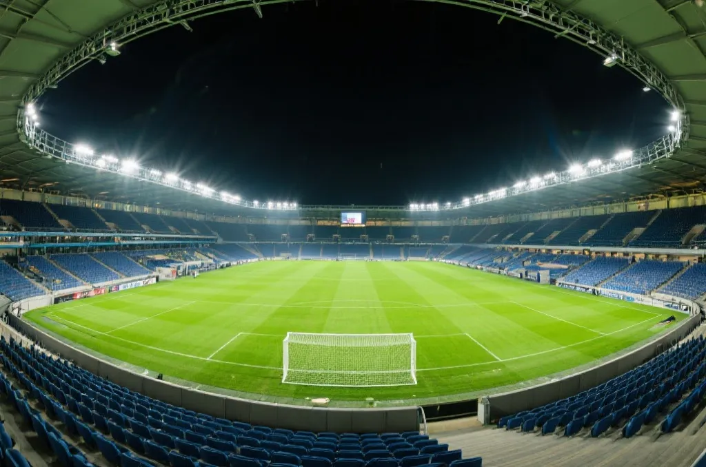 A beautiful wide shot of a modern football stadium with vibrant green turf and bright stadium lights