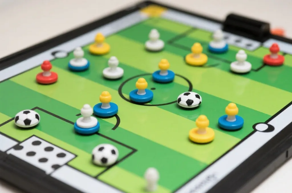 A close-up of a soccer tactical board with magnetic pieces demonstrating offensive and defensive formations